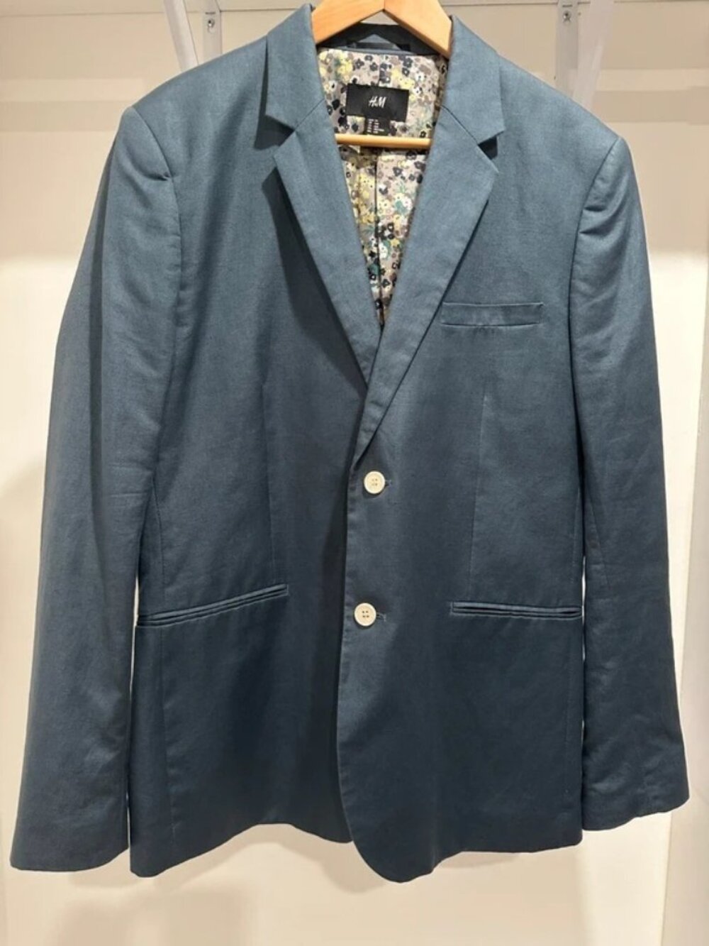 H&M Men's Slate Blue Linen Blend Blazer Floral Lining, US 44R